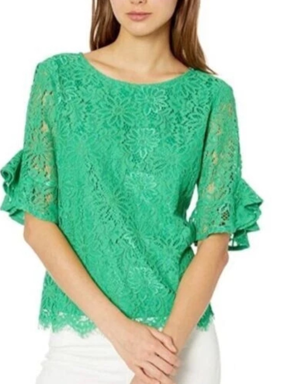 Nanette Lepore Hidden Meadows Emerald Green Lace Bell Sleeve Top